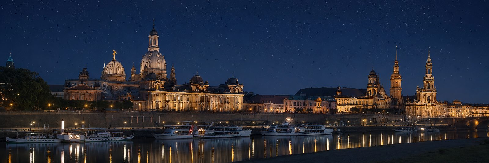 Casco antiguo de Dresde de noche con la Frauenkirche y la Hofkirche iluminadas, barcos en el Elba bajo un cielo estrellado